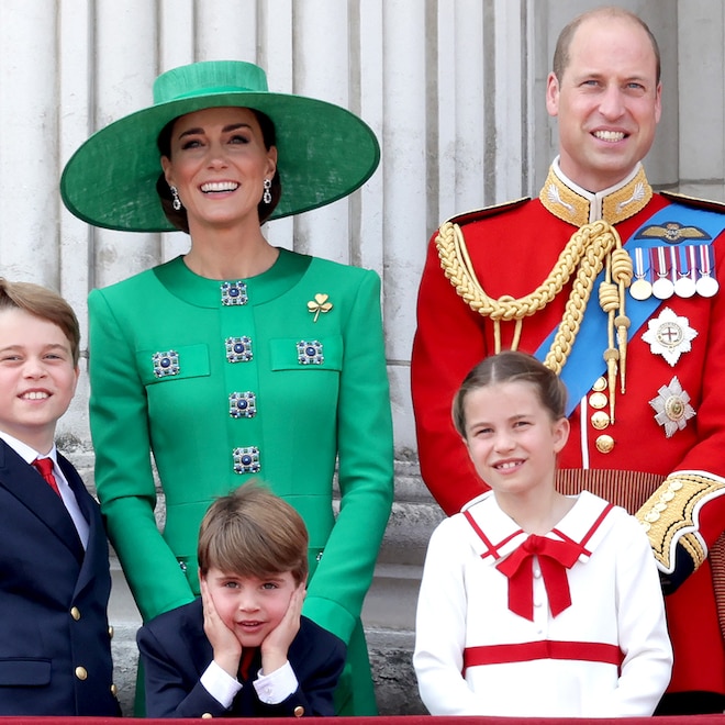 Prince William, Prince of Wales, Prince Louis of Wales, Catherine, Princess of Wales , Princess Charlotte of Wales and Prince George of Wales on the Buckingham Palace balcony